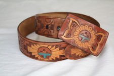 Vtg Chambers Genuine Leather Hand Painted Turquoise Belt Matching Buckle sz 32
