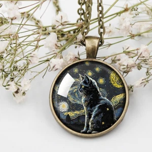 Collar colgante de joyas regalo para ella de gato nocturno estrellado de Vincent Van Gogh - Imagen 1 de 6