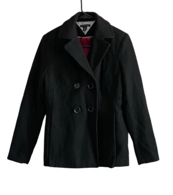 Tommy Hilfiger 羊毛混纺双排扣豌豆外套,尺寸 S,黑色短,Y2K 90 年代 — 第 1/4 张图片