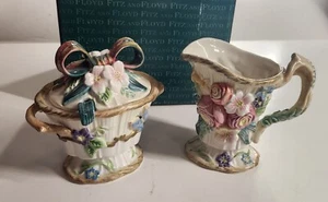 FITZ AND FLOYD Woodland Spring Sugar Bowl & Creamer Set w/lid & spoon, orig. box - Picture 1 of 20