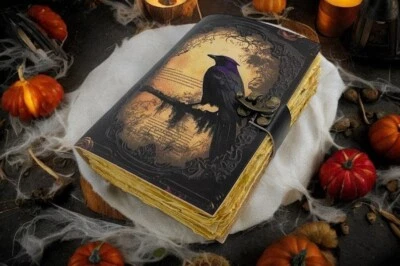 600 Pages Large Leather Journal Gothic Notebook The Raven Grimoire Print - Vinta - Image 1 of 4