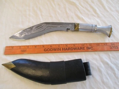 Vtg. 9" Blade KhuKuri Knife Nepal Chrome & Brass, Sheath, No Utility Knives #0. - Image 1 of 4