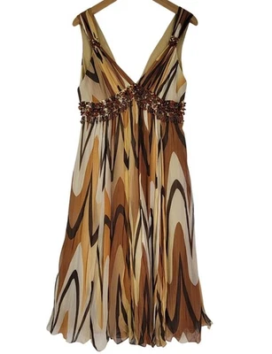 全新带标签 BCBG MaxAzria Java 棕色丝绸帝国腰连衣裙 V 领无袖 8 码 — 第 1/4 张图片