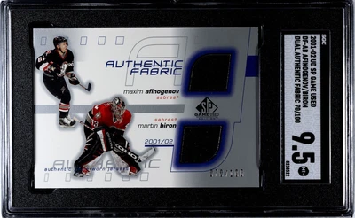 2001 UD GAME USED DF-AB AFINGENOV/BIRON DUAL FABRIC /100 SGC 9.5 BUFFALO SABRES - Image 1 of 2
