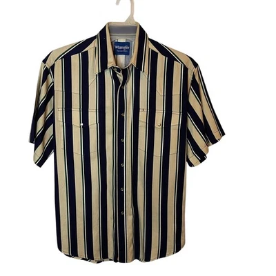 Wrangler Mens Western Shirt Short Sleeve Beige Vertical Stripe Pearl Snap Size M - Image 1 of 4