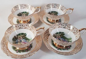 Cuatro tazas y platillos de té clásicos destacados de oro Aynsley de 22 quilates de colección raros - Imagen 1 de 12