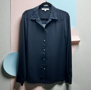 Elizabeth and James Dark Blue Button Up Shirt Top Blouse Fringe On Bottom Size L - Picture 1 of 9