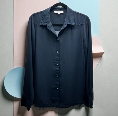 Elizabeth and James Dark Blue Button Up Shirt Top Blouse Fringe On Bottom Size L - Image 1 of 4