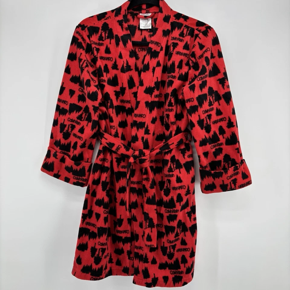 Roupão de banho Calvin Klein masculino vermelho preto árvores lã com cinto grande 10-12 - Imagem 1 de 4