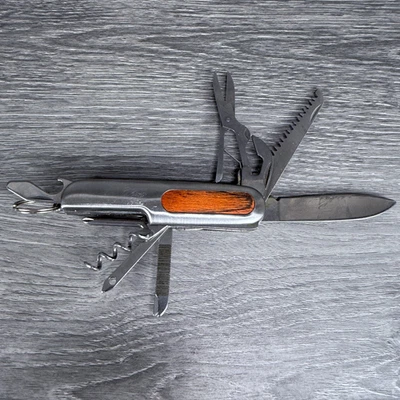 Stainless Multi-Tool Camping Knife w/ Wooden Inlay Used Blade Approx 2.5"L - Изображение 1 из 4
