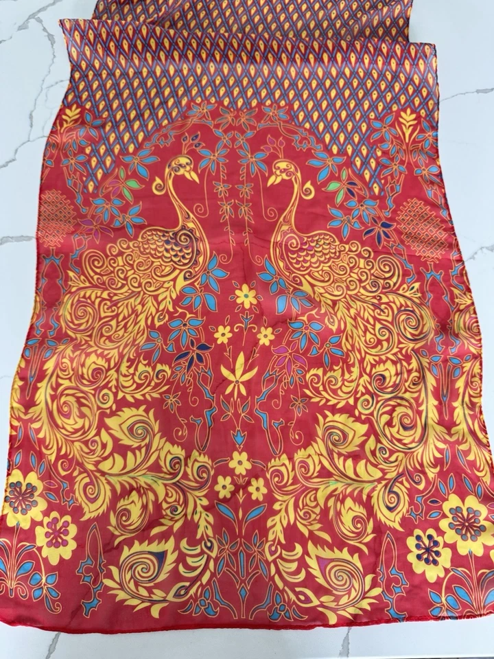 Bufanda de pavo real vintage mezcla de seda mantón envolvente de pavo real rojo 60" x 19" Eliana Dian EF Foto 1 de 4