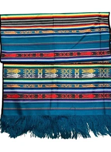 Vintage Mexican Serape Woven Table Runner Fringe Multicolore Fish Geometric - Picture 1 of 4