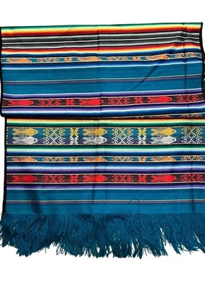 Vintage Mexican Serape Woven Table Runner Fringe Multicolore Fish Geometric - Image 1 of 4