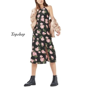 Topshop Black Pink Floral Halter Neck Strappy Back Slit Front Midi Dress Size 12 - Picture 1 of 14