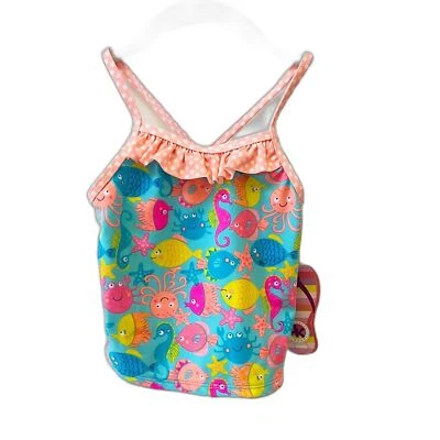 Tankini novo com etiquetas meninas 2 peças peixe rosa azul babado tamanho 4 - Imagem 1 de 4