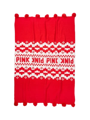 MANTA DE PUNTO MALVAVISCO ROSA VICTORIA’S SECRET ROJO BLANCO A RAYAS POMPÓN Foto 1 de 3