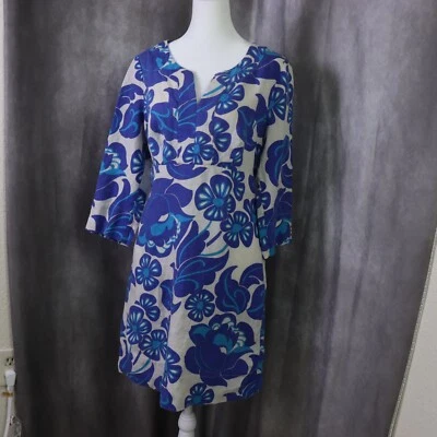 Vestido Boden Mujer 6 Azul Beige Floral 100% Lino Manga 3/4 Cuello en V Preppy Foto 1 de 4