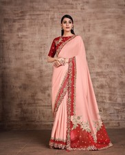 Indian Peach Satin Silk Georgette Saree Blouse Sari Bollywood Party Wear 1504 TP