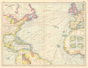 OCEAN PÓŁNOCNOATLANTYCKI. inset Kanał Panamski; Gran Canaria; Madera. Kable 1920 mapa
