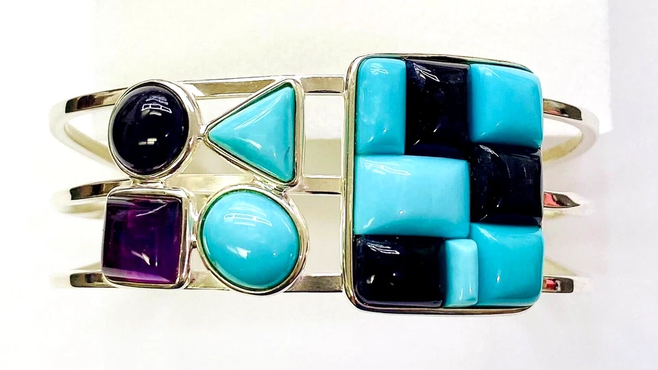 HSN Jay King 纯银画廊系列绿松石和紫水晶袖口手链  — 第 1/4 张图片