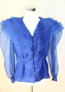 VTG SAMUEL SCOTT Party Cocktail Top Blouse Sheer Blue Wide Flounces Sz. 7/8 #02 - Picture 1 of 9