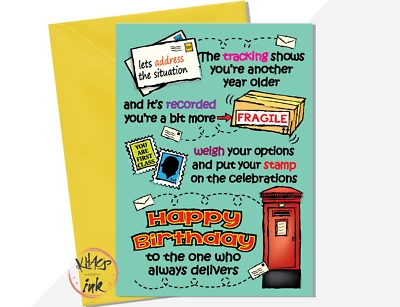 KHAOS AND INK Postman Funny birthday card, mail man, delivery driver, Happy Birthday Postie