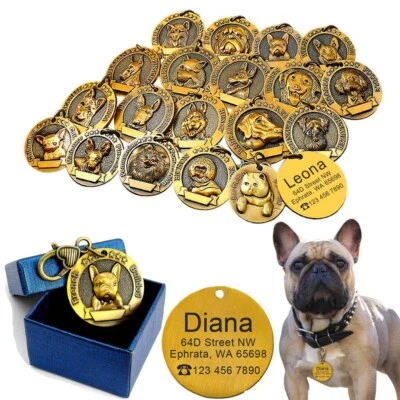 3D Gold Personalized Dog Tags with Breeds Pet Name ID Collar Tag Engraved Free - Image 1 of 4