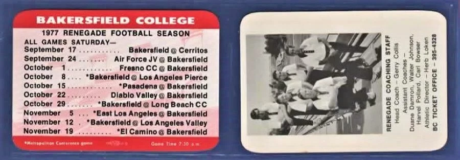 NJUCO FOOTBALL 1977 BAKERSFIELD COLLEGE  pocket schedule  - Image 1 of 1
