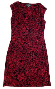 Ralph Lauren Dress Womens 12 Red Black Floral Sleeveless Ruched Stretch - Picture 1 of 9