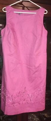 Vestido de linho Laura Ashley linha A. Bordado rosa forrado de algodão UK14 EU40 US10 - Imagem 1 de 4