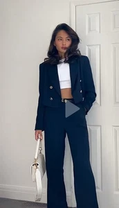 New ZARA Crop Blazer Navy Blue Blazer Gold Buttons Double Breasted Size S Y1025A - Picture 1 of 22