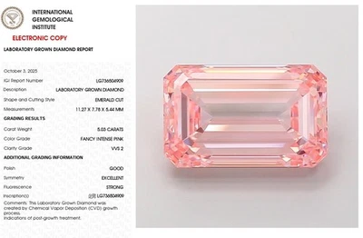 5.03 Emerald Lab Grown Diamond For Engagement Ring Fancy Intense Pink VVS2 IGI - Image 1 of 4