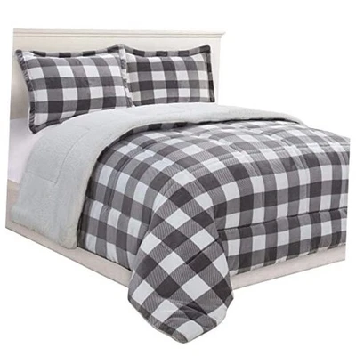  Juego de edredón a cuadros Buffalo Lodge de 3 piezas, lujoso, gris reina/blanco Foto 1 de 4