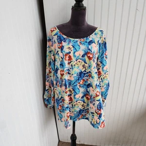 Moa Moa Top Women's 1X Peach Blue Floral Round Neck Long Sleeve Blouse Top - Picture 1 of 11