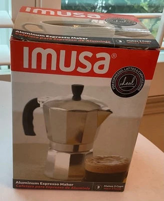 Cafetera espresso IMUSA 3 tazas de aluminio con estufa - plateada / usada una vez. Foto 1 de 4