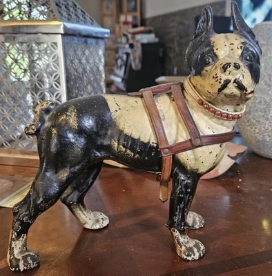 Antiguo tope de puerta Hubley hierro fundido Boston Terrier Bulldog pintura original Foto 1 de 3