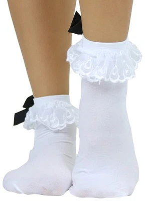 Calcetines clásicos de encaje con lazo y volantes para mujer - blancos/negros - OS Foto 1 de 4