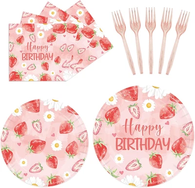 96 Piezas Servilletas Platos de Fiesta de Cumpleaños Fresa-Dulce Baby Shower Rosa Fruta Stra Foto 1 de 4