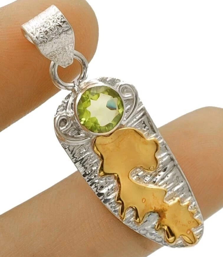 Two Tone Natural Peridot 925 Sterling Silver Pendant Jewelry 1 2/3" Long @9-5 - Image 1 of 1