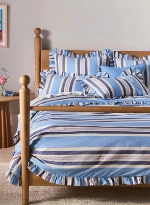 ANTHROPOLOGIE Azul Algodón Náutico Volantes King Edredón Azul Rayas Boho Mar Foto 1 de 4