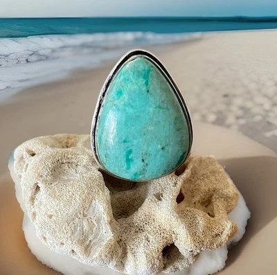 Anillo de piedras preciosas turquesa peruana talla 8 - Chapado en plata de ley 925 - Nuevo Foto 1 de 4