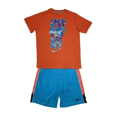 Conjunto de camiseta y pantalones cortos deportivos Nike Dri-fit juvenil medianos + grandes naranja/azul Foto 1 de 4