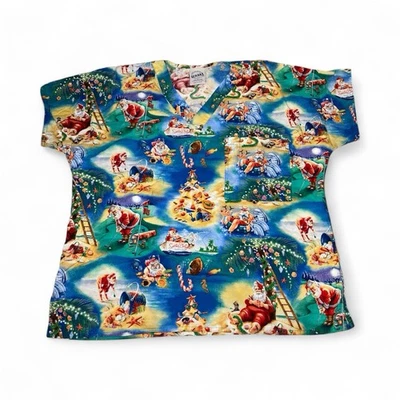 SCRUBS Top Christmas Santa Claus Tropical Beach Blue Size M - Image 1 of 4