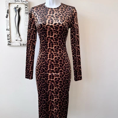 Vestido Aqua Estampado Leopardo Terciopelo Manga Larga Ajustado Hasta la Rodilla Talla XS Foto 1 de 4