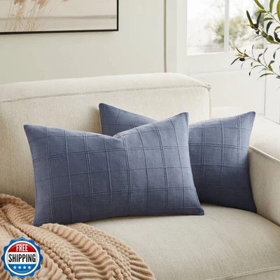 Juego de 2 fundas de almohada lumbar a cuadros de lino ZeeMart, 12x20 pulgadas azul/cr Foto 1 de 4