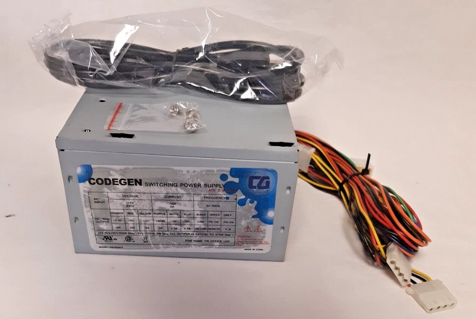 CODEGEN 375W ATX PSU CG-PXA4-2 ATX 2.03 (20+P4 READY) POWER CABLE & MNT HDWR NOS - Image 1 of 4