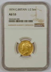 1874 Great Britain 1/2 Sovereign Victoria Young Head Shield Back NGC Graded AU53 - Picture 1 of 4