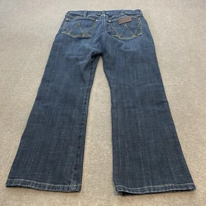 Wrangler Jeans Mens 32x28 Blue Denim Stretch Western Retro Slim Boot Leg Hemmed - Picture 1 of 12