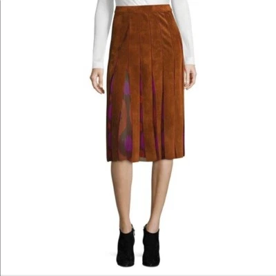 DIANE VON FURSTENBERG Melita Suede Silk Inset A-line Midi Skirt Whiskey Brown 8 - Image 1 of 4