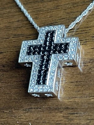 Black Spinel White Zircon 925 Silver Cross Pendant Chain Necklace 18” - Image 1 of 4
